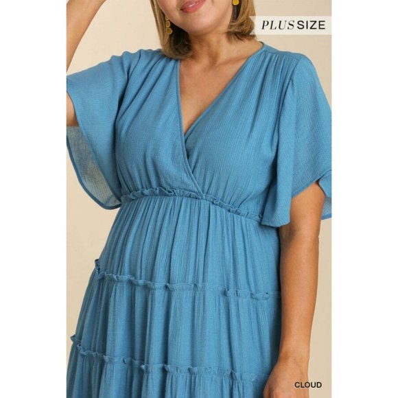 Umgee Plus Size Cloud Blue Smocked Short Sleeve Textured Tiered Maxi Dress - Picture 4 of 6